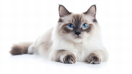 Obraz premium Fluffy ragdoll cat with deep blue eyes lying on a white background, highlighting its soft fur, unique color points, and relaxed posture, ideal for pet care, feline photography, animal-related content