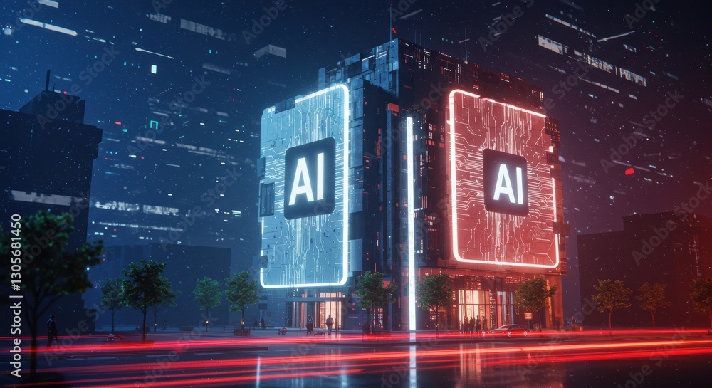 Poster futuristic ai data center with neon lights and circuit patterns in a night cityscape