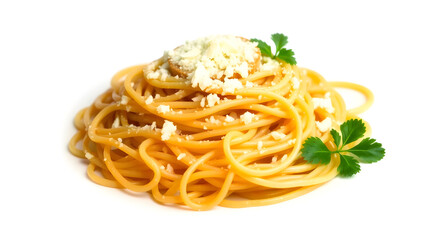 a close-up shot of a plate of spaghetti pasta, sprinkled with cheese and garnished with fresh parsley