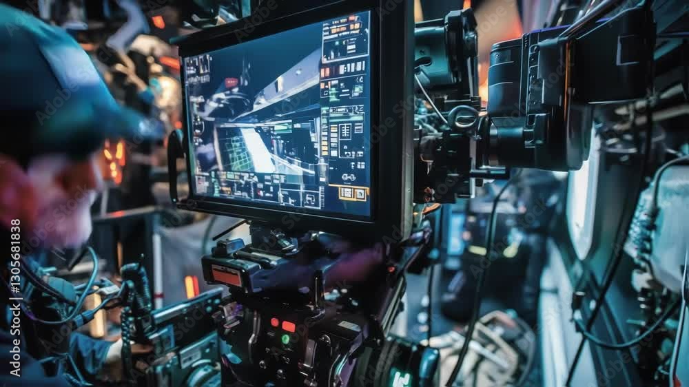 Poster professional videographer monitoring advanced equipment, displaying graphical data on screen within 