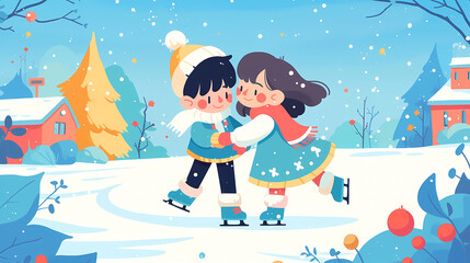 Children joyfully ice skating together in a snowy landscape with colorful houses and trees