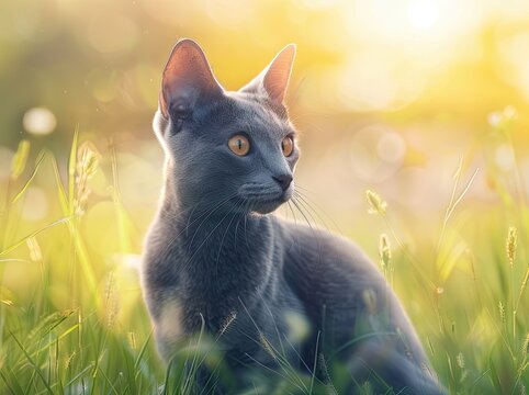 A summer meadow of green grass is where the tabby cat is hunting - Powered by Adobe