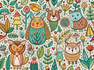 Whimsical Forest Critters: Abstract Doodle Art Texture Background