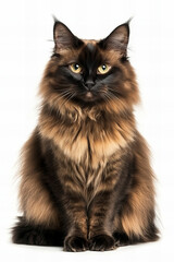 Elegant ragdoll cat with striking blue eyes lying down on a white background, showcasing its soft long fur and gentle expression, perfect for pet-related content, cat breed promotions, or animal care 