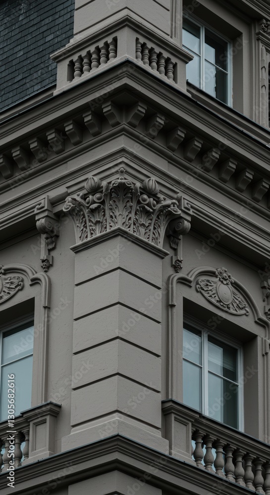 Poster elegant architectural detail on historic building corner with ornate columns and windows