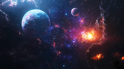 Obraz premium A vibrant cosmic scene featuring various planets, stars, and celestial bodies in a dark space background. Celestial - Sky. Illustration