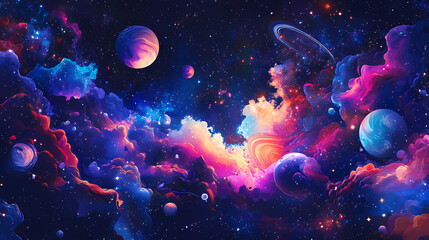 Fototapeta premium A vibrant cosmic scene featuring various planets, stars, and celestial bodies in a dark space background. Celestial - Sky. Illustration