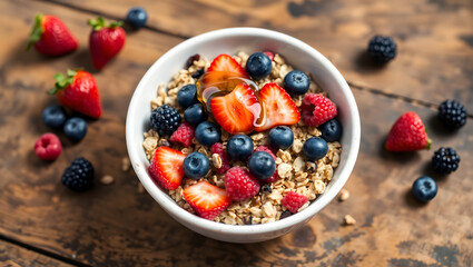 A bowl of delicious oatmeal topped with fresh berries, strawberries, blueberries, blackberries, raspberries, with rustic wooden background.