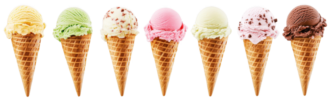 different ice cream cones with various flavors isolated on a white background