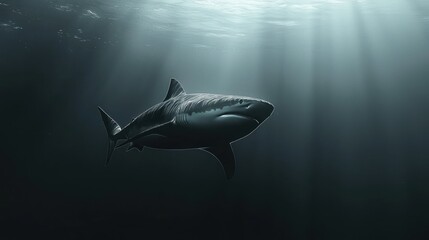 Majestic shark underwater, sun rays.