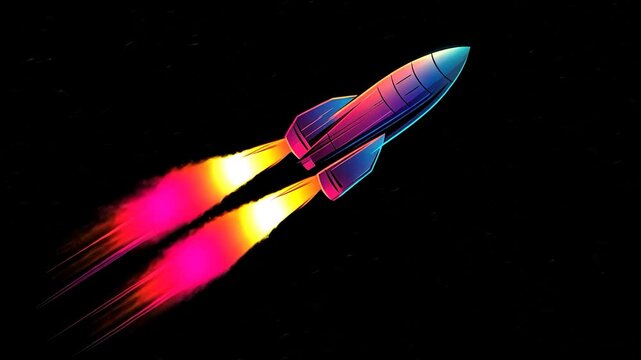 Neon Rocket Launch: A vibrant digital art depicting a rocket soaring through space with dynamic trails of light