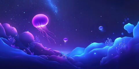 Colorful glowing jellyfish float gracefully in a starlit ocean scene