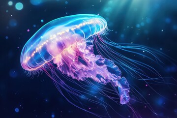 A beautiful jellyfish glows gracefully in the deep ocean waters