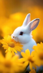Fototapeta premium A white rabbit rests among vibrant yellow flowers in a sunny field.