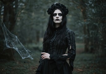 Naklejka premium Gothic woman in dark forest with cobwebs wearing black dress and floral headdress