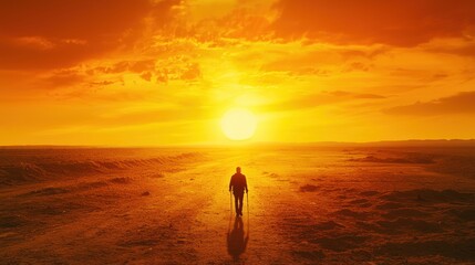 Solitary figure walking towards a vibrant sunset on a vast, flat landscape.