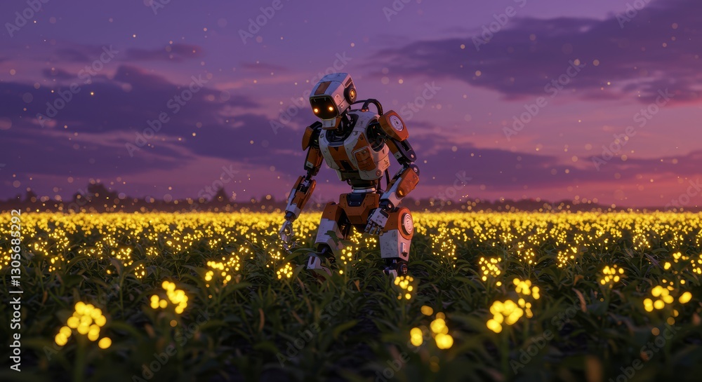 Poster Robot exploring glowing field during serene twilight with mystical atmosphere