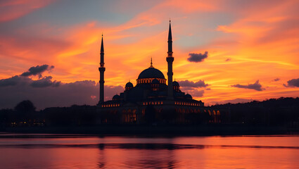 Obraz premium a mosque silhouette with a beautiful sunset, reflecting in water 