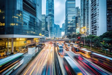 Obraz premium A cityscape of Hong Kong with skyscrapers and busy traffic, captured in long exposure to showcase the movement of cars on urban streets Generative AI