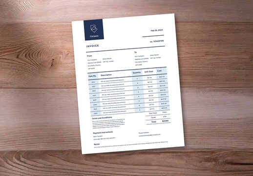 Business Invoice Template with Dark Navy Blue Accents