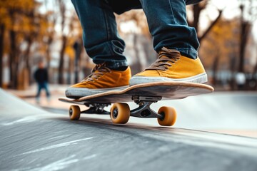 Low angle skateboarder riding at skate park