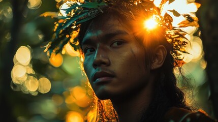Young man with leaf crown, jungle setting, sunlit.