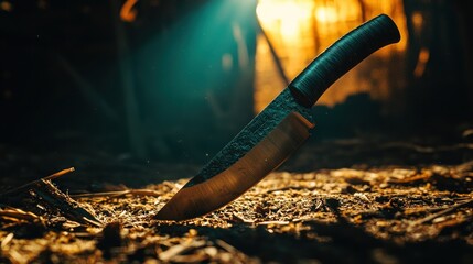 A fixed blade knife rests on the ground, back lit by the setting sun.