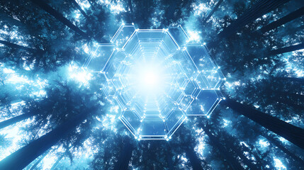 Modern 3d hexagonal technology abstract background features blue bright energy flashes under hexagons in a futuristic technology design against a white background. Enchanted - Forest. Illustration