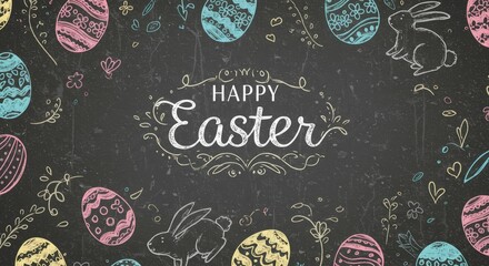 Chalkboard easter eggs and bunny doodles with happy easter message