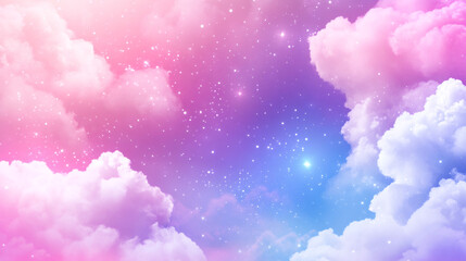 Pastel pink and blue cloudscape glimmering with starry brilliance, evoking ethereal, tranquil dreamscape