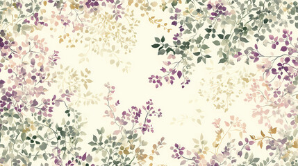 Seamless wallpaper pattern of small, ditsy floral print in muted mauve and sage green on a cream background. Enchanted - Forest. Illustration