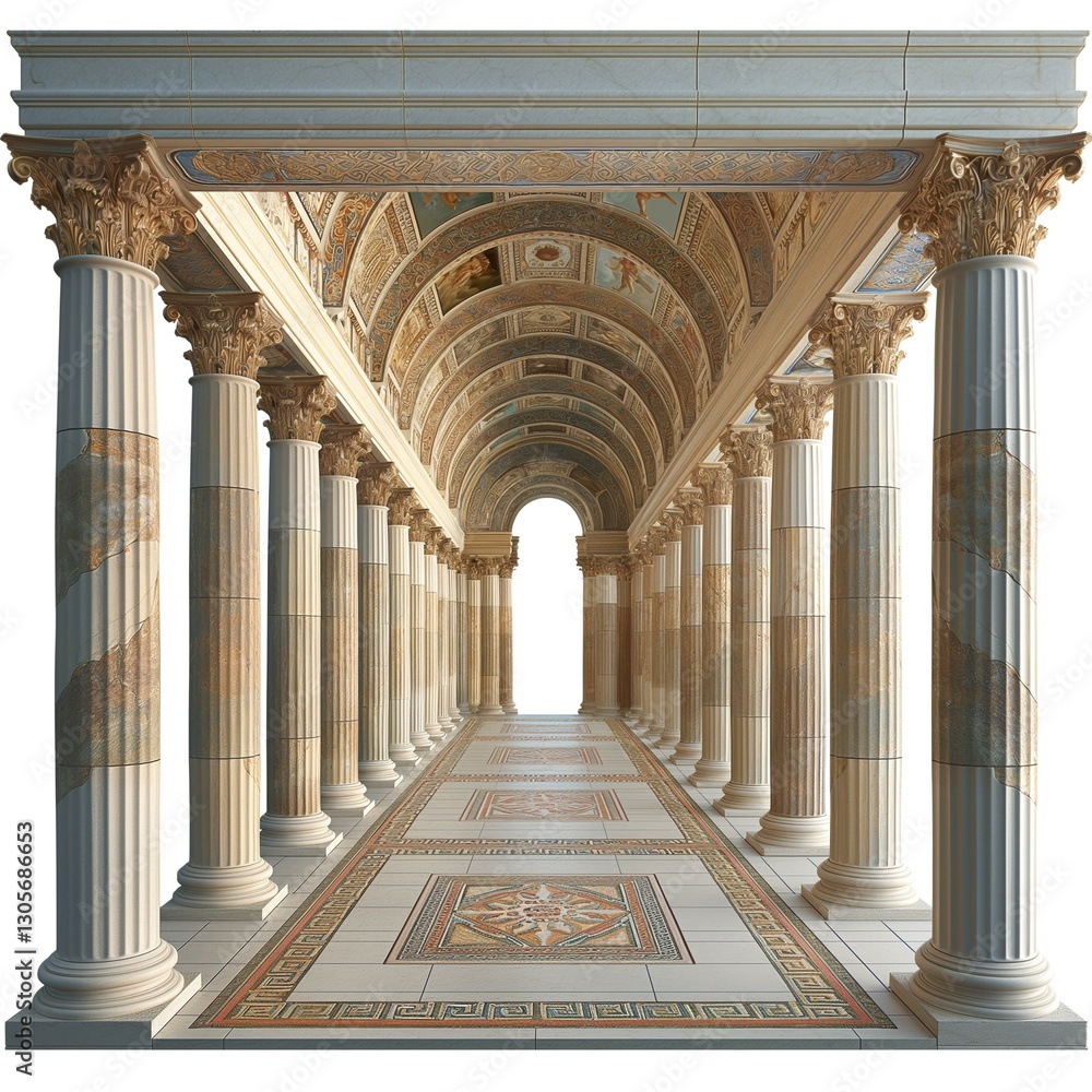 Poster an elegant architectural corridor featuring tall columns and intricate tile work.