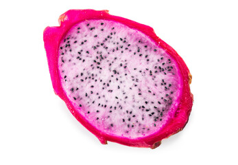Dragon fruit, Pitahaya, Pitaya exotic asian vegan juicy fruit close up. Isolated on white background. Top view, flat lay. 