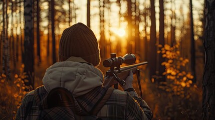 Sunrise in an autumn forest finds a hunter targeted with his rifle, embodying the hunt's intensity amidst nature's vibrant palette and tranquil morning light