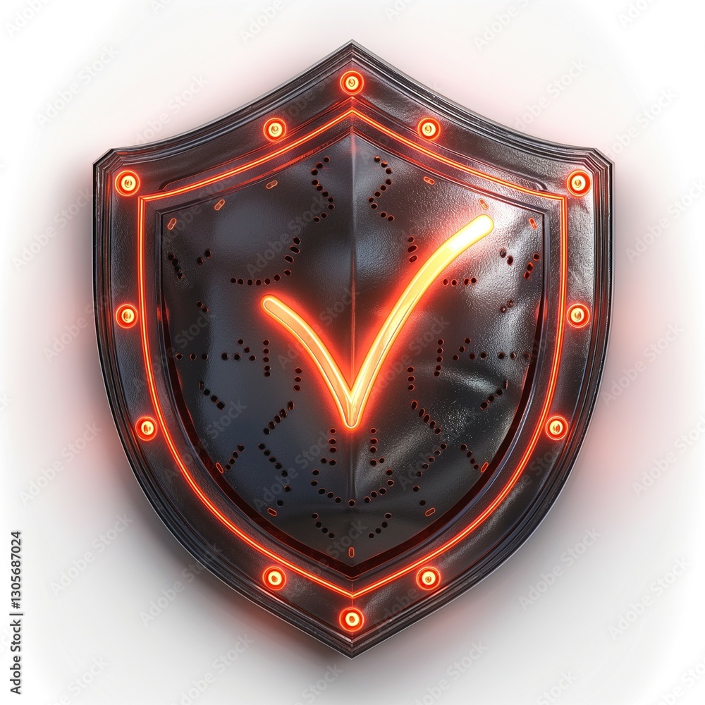 Poster a stylized black shield featuring an illuminated orange check mark, symbolizing security and validat