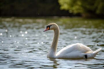 Graceful Swan on Water: a captivating photo featuring a pristine white swan, gracefully gliding on tranquil water surface, showcasing elegance and serenity in its natural habitat.