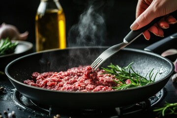 Cooking ground beef with fresh herbs in a pan modern kitchen food photography dark atmosphere close-up view culinary art