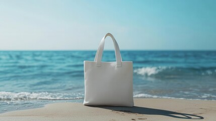 Eco-Friendly White Cotton Tote Bag Mockup Set Against a Serene Sea Background Ideal for Sustainable Shopper Branding and Summer Vacation Designs
