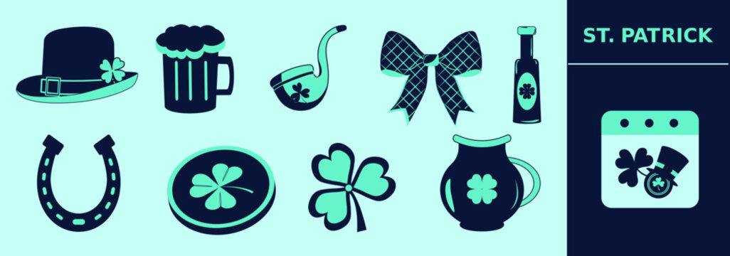 Saint Patrick themed icon set with leprechaun top hat, bow, horseshoe, beer, coin, pipe, lucky jug, shamrock, elixir bottle and calendar.