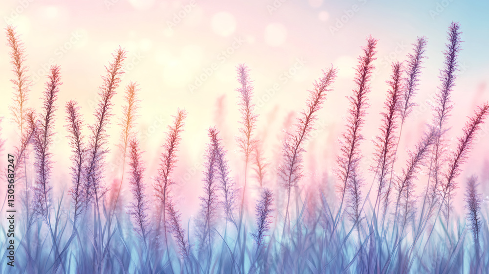Poster wild grass illuminated by a warm sunset light with a gentle breeze creating a pastel colored dreamy 