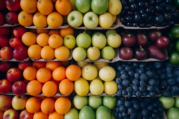 Colorful Fruit Display: A vibrant assortment of fresh fruit is meticulously arranged on shelves, showcasing the natural beauty of the harvest with the rich palette of nature's offerings.