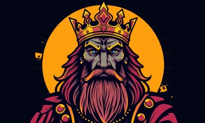 Illustrated Portrait of a Regal Bearded King in a Majestic Crown with Intense Gaze Against a Bold Geometric Background of Contrasting Colors