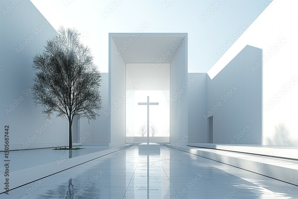 Aufkleber a serene modern architectural space featuring a minimalist design with a tree and a cross at the cen