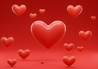 Colorful handmade hearts on a vibrant red background.