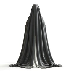 Naklejka premium A mysterious cloaked figure shrouded in flowing black and white fabric, evoking intrigue and curiosity in a minimalist setting.
