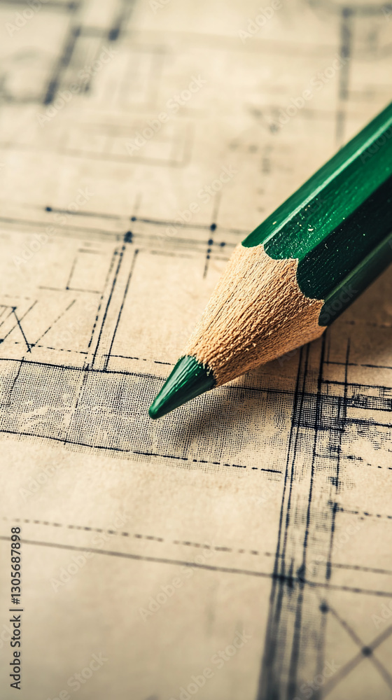 Poster close-up of a green pencil on an architectural blueprint, symbolizing design, architecture, and the 