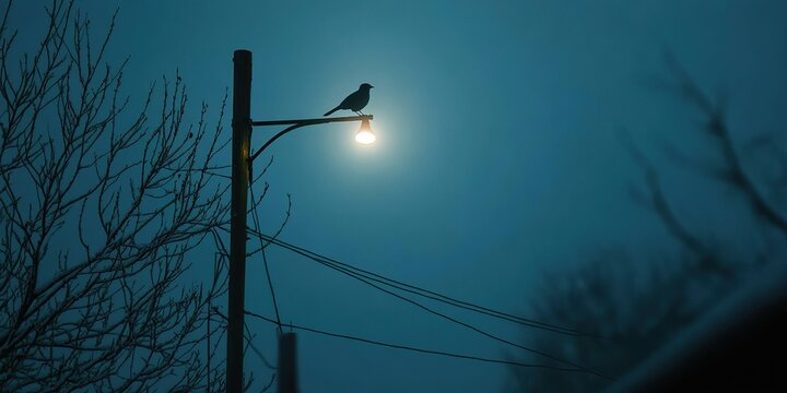 Bird on Power Line at Night
