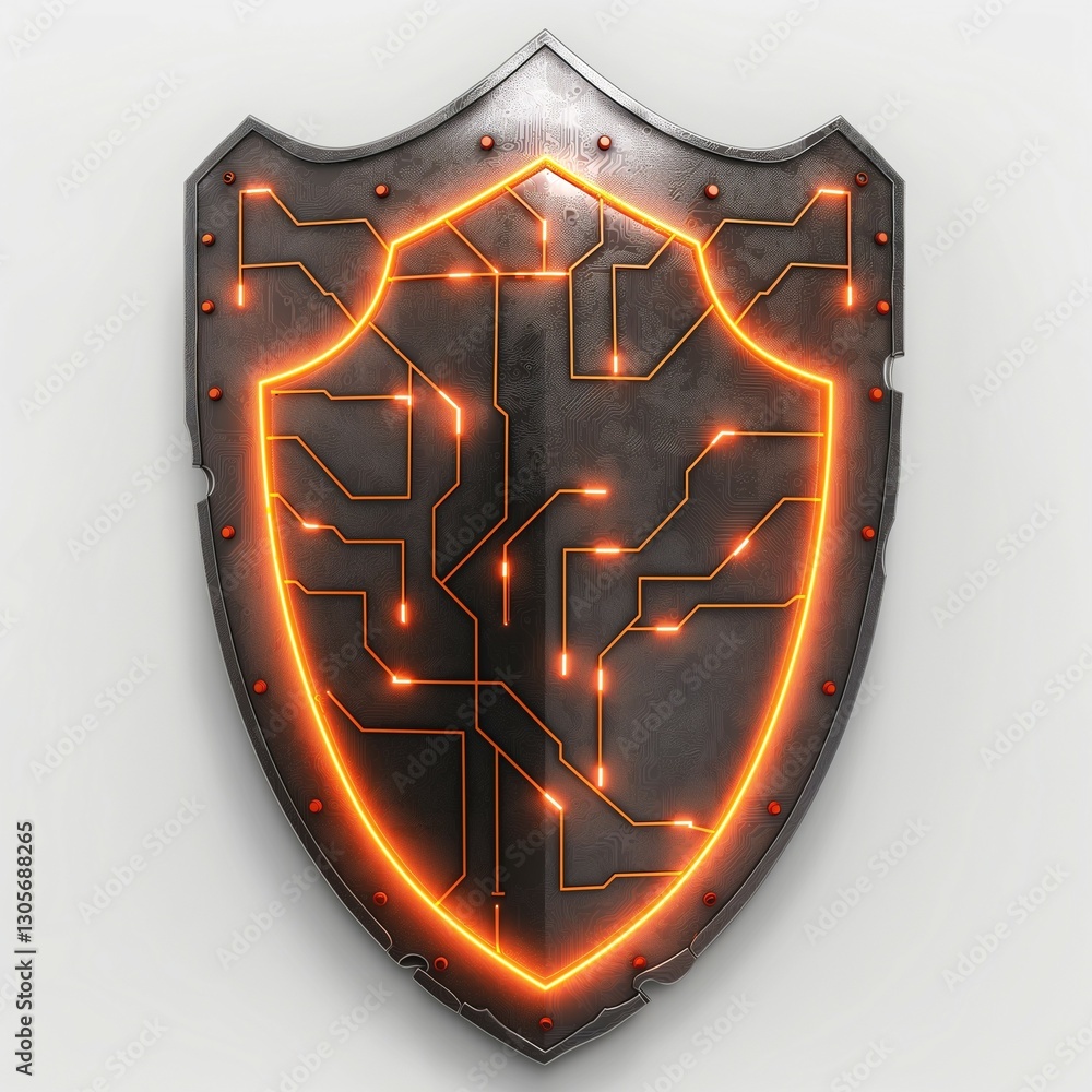 Aufkleber a metallic shield illuminated with glowing circuit patterns, symbolizing technology and protection.