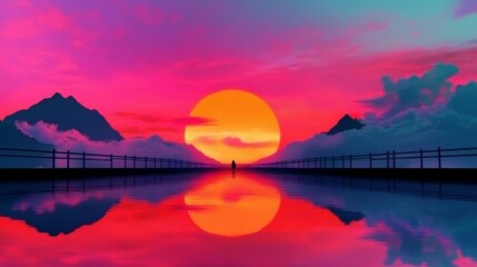 Silhouette of a person walking towards a vibrant sunset over calm water and mountains. A magical scene.