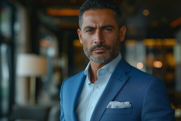 Fototapeta premium Handsome Middle-Eastern man in a blue suit exudes confidence and sophistication in an upscale setting.